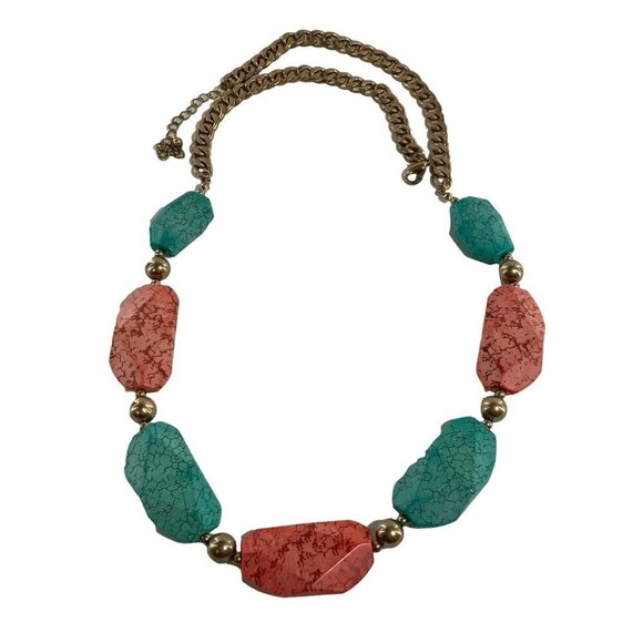 Chunky Simulated Turquoise & Coral Statement Necklace With Gold Chain & Beads - Picture 2 of 3